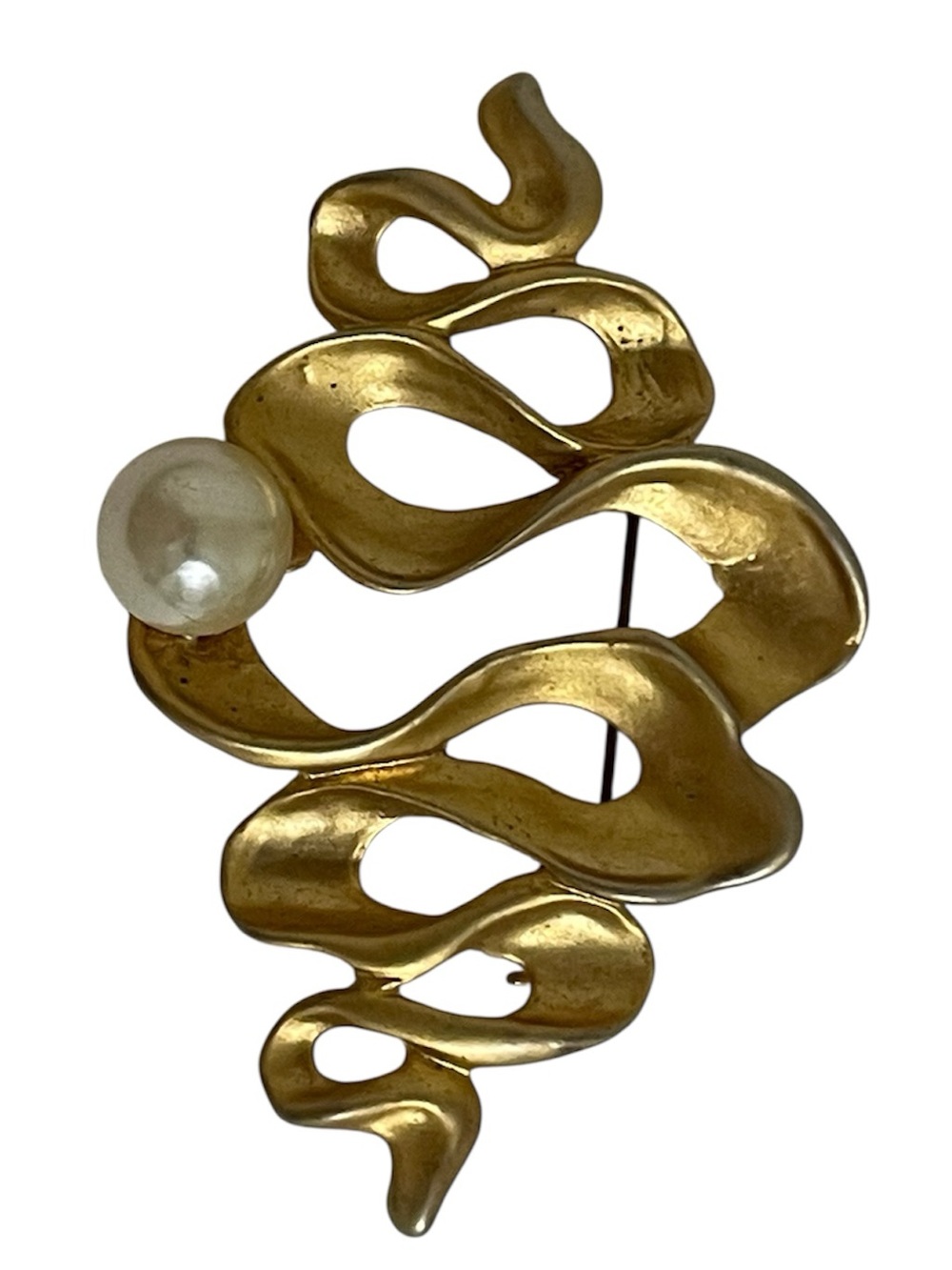 RARE Abstract modernist vintage ribbon brooch satin matte gold large faux pearl - Picture 5 of 9